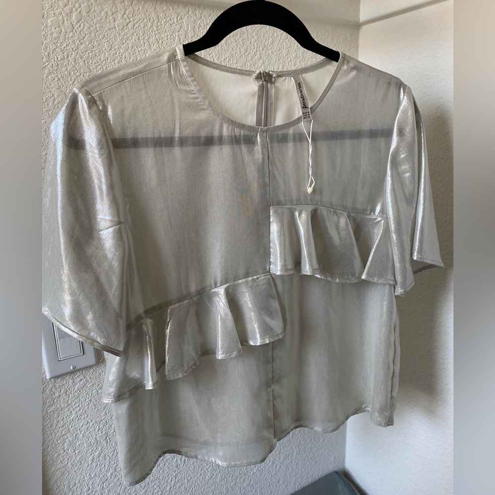 NWOT Shimmery Silver Ruffle Short Sleeve Top